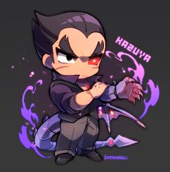 Rule 34 | 1boy, black eyes, black footwear, black hair, black vest, character name, closed mouth, colored sclera, demon tail, demon wings, facial scar, fire, full body, grey background, grey pants, highres, kotorai, looking ahead, male focus, mishima kazuya, pants, purple fire, red sclera, scar, scar on arm, scar on cheek, scar on face, signature, simple background, solo, standing, tail, tekken, thick eyebrows, v-shaped eyebrows, vest, wings