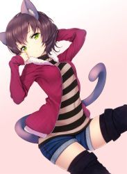 Rule 34 | 1girl, animal ears, arms up, black thighhighs, brown hair, cat ears, cat tail, denim, denim shorts, fur trim, gradient background, green eyes, highres, jacket, original, shirt, short hair, short shorts, shorts, sleeves past wrists, solo, striped clothes, striped shirt, tail, thighhighs, zizi (zz22)