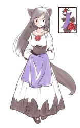 Rule 34 | 1girl, alternate costume, animal ears, apron, brooch, brown hair, card, corsage, dress, flower, hanafuda, imaizumi kagerou, jewelry, long hair, long sleeves, off-shoulder dress, off shoulder, rangycrow, red eyes, red flower, rose, solo, tail, touhou, white dress, wolf ears