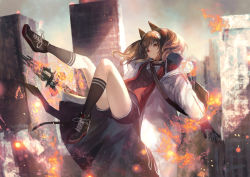 Rule 34 | 1girl, angelina (arknights), animal ears, arknights, bag, black footwear, black gloves, black shirt, black shorts, black socks, brown hair, building, city, cityscape, coat, expressionless, fox ears, gloves, hairband, highres, holding, holding staff, long hair, long sleeves, looking at viewer, midair, open clothes, open coat, originium arts (arknights), outdoors, post-apocalypse, red eyes, ruins, shirataki jiro, shirt, shoes, short shorts, shorts, shoulder bag, sneakers, socks, solo, staff, thighs, twintails, white coat