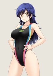 Rule 34 | 1girl, bare shoulders, black one-piece swimsuit, blue hair, blush, breasts, brown eyes, competition swimsuit, covered navel, fuuma nagi, gluteal fold, grey background, hands on own hips, highleg, highleg swimsuit, long hair, looking at viewer, one-piece swimsuit, original, smile, solo, speedo (company), standing, swimsuit, wavy hair