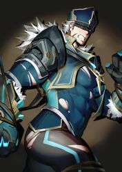 Rule 34 | 1boy, absurdres, armor, ass, aussummer, bara, black pants, blue shirt, bound, bound legs, bound wrists, clenched teeth, covered eyes, covered nipples, facial scar, gauntlets, genshin impact, grey hair, hat, highres, large pectorals, male focus, muscular, muscular male, pants, pectorals, scar, scar on cheek, scar on face, shirt, short hair, shoulder armor, solo, teeth, torn clothes, torn pants