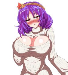 Rule 34 | 1girl, blush, breasts, cleavage, cleavage cutout, clothing cutout, commentary request, dominia, frown, hair ornament, head tilt, huge breasts, leaf, leaf hair ornament, looking at viewer, maple leaf, meme attire, open-chest sweater, purple hair, red eyes, ribbed sweater, rope, shimenawa, short hair, solo, sweatdrop, sweater, touhou, transparent background, white sweater, yasaka kanako