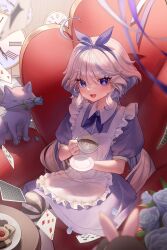 Rule 34 | 1girl, :d, absurdres, ahoge, apron, blue dress, blue eyes, blue hair, blue neckerchief, blush, card, chabi009, chair, clock, collared shirt, colored inner hair, cup, dress, drink, feet out of frame, frilled apron, frills, furina (genshin impact), genshin impact, heterochromia, highres, holding, holding drink, indoors, long hair, looking at viewer, low twintails, multicolored hair, neckerchief, open mouth, playing card, puffy short sleeves, puffy sleeves, roman numeral, saucer, shirt, short sleeves, sitting, smile, solo, teacup, twintails, white apron, white hair, white shirt