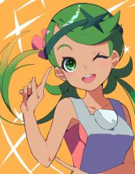 Rule 34 | 1girl, ;d, commentary request, creatures (company), eyelashes, game freak, green eyes, green hair, grey overalls, hand up, headband, highres, index finger raised, kanimaru, long hair, mallow (pokemon), nintendo, one eye closed, open mouth, orange background, overalls, pink shirt, pokemon, pokemon sm, shirt, smile, solo, swept bangs, teeth, twintails, upper body, upper teeth only