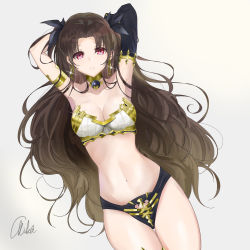 Rule 34 | 1girl, armlet, armpits, arms behind head, asymmetrical sleeves, bad id, bad pixiv id, black panties, black sleeves, bra, breasts, brown hair, cleavage, cowboy shot, curly hair, detached sleeves, earrings, fate/grand order, fate (series), from below, highres, ishtar (fate), jewelry, long hair, long sleeves, looking at viewer, lying, medium breasts, mikaduki 3636, navel, on back, panties, red eyes, signature, single sleeve, solo, sparkle, strapless, strapless bra, thigh gap, underwear, underwear only, uneven sleeves, very long hair, white background, white bra