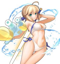 Rule 34 | 1girl, ahoge, artoria pendragon (all), artoria pendragon (fate), bikini, blonde hair, blue ribbon, braid, breasts, criss-cross halter, crown braid, fate/grand order, fate/stay night, fate (series), green eyes, hair ribbon, halterneck, highres, hisato nago, long hair, ribbon, saber (fate), side-tie bikini bottom, simple background, small breasts, solo, swimsuit, sword, thigh gap, water, water gun, weapon, white background, white bikini