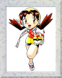 Rule 34 | 1990s (style), 1girl, bike shorts, breasts, brown eyes, brown hair, creatures (company), earrings, game freak, hat, jacket, jewelry, knees, kris (pokemon), legs, nintendo, open mouth, poke ball, pokemon, pokemon adventures, retro artstyle, running, shoes, small breasts, smile, solo, tongue, twintails
