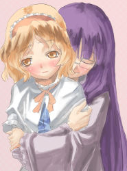 Rule 34 | 2girls, alice margatroid, bespectacled, blonde hair, blush, bonnet, bow, bowtie, capelet, confused, closed eyes, female focus, frills, from behind, glasses, hairband, happy, hug, hug from behind, long hair, maid, multiple girls, patchouli knowledge, purple hair, short hair, smile, touhou, yellow eyes, yohane, yuri