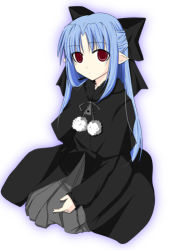 Rule 34 | 00s, 1girl, black dress, blue hair, bow, capelet, dress, hair bow, half updo, len (tsukihime), melty blood, pointy ears, red eyes, solo, tsukihime, type-moon