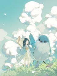 Rule 34 | 1girl, animal, bird, black hair, blue eyes, blue sky, chinese clothes, cloud, commentary request, day, dress, flower, grass, hair flower, hair ornament, hanfu, highres, long hair, long sleeves, original, outdoors, pointy ears, qixiong ruqun, ruqun, sash, sidelocks tied back, sky, smile, solo, standing, wei ying xiaohongshu, wide sleeves
