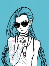 Rule 34 | 1girl, blue hair, braid, hairline, hikikomoriai, jinx (league of legends), league of legends, long hair, sunglasses, tattoo