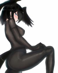 Rule 34 | 1girl, adjusting clothes, ass, bird girl, bird tail, black hair, blue eyes, blush, bodystocking, breasts, clothing cutout, covered erect nipples, from side, half-closed eye, head wings, highres, jungle crow (kemono friends), kemono friends, knee up, long sleeves, looking at viewer, medium breasts, medium hair, panties, see-through, shibori kasu, sidelocks, simple background, sleeveless, solo, tail, tail through clothes, underwear, white background, wings