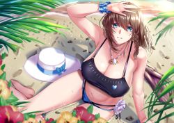 Rule 34 | 1girl, bare shoulders, bikini, black bikini, blue bikini, braid, breasts, brown hair, charlotte corday (fate), charlotte corday (swimsuit caster) (fate), charlotte corday (swimsuit caster) (first ascension) (fate), cleavage, collarbone, fate/grand order, fate (series), flower, green eyes, hat, highres, jewelry, large breasts, looking at viewer, mismatched bikini, navel, necklace, pendant, short hair, side braid, solo, sun hat, swimsuit, thighs, white hat, yuhica