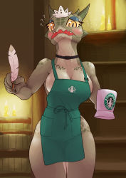 Rule 34 | 1girl, ?, ??, apron, argonian, bare shoulders, barrel, black choker, blue eyeshadow, blush, body freckles, brand name imitation, breasts, brown background, candle, choker, cleavage, collarbone, colored sclera, colored skin, cowboy shot, cup, embarrassed, english text, eyeshadow, female focus, fire, flying sweatdrops, freckles, furry, furry female, green apron, green skin, half-closed eyes, hands up, highres, holding, holding cup, holding quill, horns, iced latte with breast milk (meme), indoors, large breasts, legs together, looking at viewer, maid headdress, makeup, meme, multicolored skin, naked apron, nervous, open mouth, orange eyes, pocket, quill, reptile girl, sat-v12, sharp teeth, slit pupils, solo, standing, teeth, the elder scrolls, thick thighs, thighs, two-tone skin, white headwear, white skin, wide hips, yellow sclera