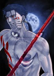 Rule 34 | 1boy, abs, angry, animal, biceps, blue hair, bodypaint, cu chulainn (fate), cu chulainn (fate/stay night), drawing on another&#039;s face, drawing on own face, earrings, fate (series), gae bolg (fate), gondawara taizo, jewelry, male focus, moon, muscular, pectorals, polearm, ponytail, red eyes, sky, slit pupils, solo, spear, spiked hair, type-moon, weapon, wolf