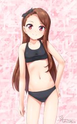Rule 34 | smile, aposine, arms at sides, bare arms, bare shoulders, black bow, black bra, black hairband, black panties, bow, bra, breasts, brown hair, closed mouth, feet out of frame, forehead, gluteal fold, hair bow, hairband, hand on own hip, highres, idolmaster, long hair, looking at viewer, midriff, minase iori, navel, panties, red eyes, small breasts, smile, standing, straight hair, underwear