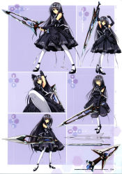 Rule 34 | 1girl, absurdres, black hair, blue eyes, character sheet, closed eyes, detached sleeves, dress, elbow gloves, fighting stance, full body, gloves, headdress, highres, holding, holding weapon, lolita fashion, long hair, looking at viewer, multiple views, nishina mikoto, non-web source, phantom breaker, shoes, simple background, standing, suzuhira hiro, sword, thighhighs, weapon, white thighhighs