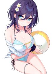 Rule 34 | 1girl, absurdres, ball, bare shoulders, beachball, bikini, blue eyes, blue hair, blue nails, breasts, cleavage, closed mouth, collarbone, earrings, fingernails, flower, hair flower, hair ornament, hairclip, highres, hisen kaede, holding, jewelry, konno uzu (hisen kaede), lips, long hair, looking at viewer, medium breasts, nail polish, necklace, original, scan, scrunchie, side-tie bikini bottom, simple background, sitting, solo, swimsuit, thigh strap, white background, wrist scrunchie