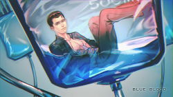 Rule 34 | 1boy, ahoge, android, blood, blue blood, brown eyes, brown hair, colored blood, connor (detroit), detroit: become human, expressionless, feet up, hair slicked back, hand on own chest, intravenous drip, liquid, looking at viewer, male focus, open clothes, open shirt, pt., solo