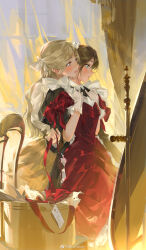Rule 34 | 2girls, absurdres, black dress, blonde hair, blue eyes, blush, brown hair, dress, gloves, hair ribbon, highres, holding, holding ribbon, indoors, long hair, long sleeves, looking at mirror, mirror, multiple girls, open mouth, original, parted bangs, parted lips, red dress, ribbon, rrr (reason), white gloves