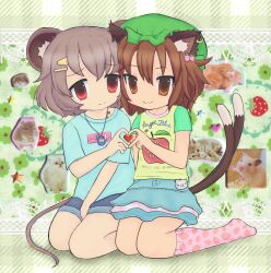 0iichi 2girls :3 alternate_costume animal_ears cat_ears cat_tail chen full_body hat heart heart_hands heart_hands_duo highres kneeling mob_cap mouse_ears mouse_tail multiple_girls multiple_tails nazrin nekomata tail touhou two_tails