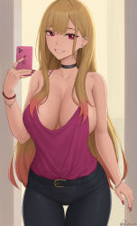 Rule 34 | 1girl, absurdres, bare shoulders, bead bracelet, beads, belt, black pants, blonde hair, blush, bracelet, breasts, camisole, cellphone, choker, cleavage, collarbone, ear piercing, earrings, grin, highres, jewelry, kitagawa marin, large breasts, long hair, looking at viewer, pants, phone, piercing, purple camisole, red eyes, smile, solo, sono bisque doll wa koi wo suru, thigh gap, thighs, zaphn