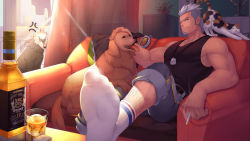 Rule 34 | 1boy, artist request, bara, bare arms, bare shoulders, black tank top, bottle, cat, couch, cup, dog, dog tags, drinking glass, facial hair, feet, foreshortening, goatee, grey pants, gyee, head tilt, headpat, highres, large pectorals, leg hair, male focus, mature male, miles (gyee), muscular, muscular male, official art, official wallpaper, on couch, pants, pants rolled up, pectoral cleavage, pectorals, short hair, sidepec, silver hair, sitting, smoke, socks, solo, tank top, undercut, wine bottle, wine glass, wolf
