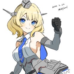 Rule 34 | 1girl, absurdres, bigkwl, black gloves, blonde hair, blue eyes, blue necktie, braid, breasts, capelet, clenched hand, collared shirt, colorado (kancolle), dated, dress, dress shirt, elbow gloves, garrison cap, gloves, grey capelet, grey dress, grey hat, hat, highres, kantai collection, medium breasts, necktie, one-hour drawing challenge, shirt, short hair, side braids, sideless shirt, simple background, sleeveless, sleeveless dress, sleeveless shirt, smile, solo, twitter username, upper body, white background, white shirt