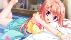 Rule 34 | 1girl, :d, bare shoulders, barefoot, bed, blue skirt, blush, bookshelf, bow, braid, breasts, feet up, floral flowlove, game cg, hair bow, indoors, large breasts, long hair, looking at viewer, lying, mihato kano, moribe (rabumanyo), on bed, on stomach, open mouth, orange hair, purple eyes, room, scrunchie, skirt, smile, solo, twin braids, very long hair, wrist scrunchie