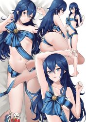 Rule 34 | 1boy, 1girl, ameno (a meno0), ass, barefoot, bed sheet, blue eyes, blue hair, blue ribbon, blush, breasts, chibi, christmas, fingernails, fire emblem, fire emblem awakening, fire emblem heroes, gift, highres, long hair, looking at viewer, lucina (fire emblem), lucina (spring) (fire emblem), multiple views, naked ribbon, navel, nintendo, parted lips, ribbon, robin (fire emblem), robin (male) (fire emblem), robin (male) (winter) (fire emblem), simple background, small breasts, smile, symbol-shaped pupils, toes, white background