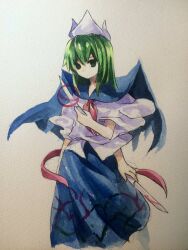 Rule 34 | 1girl, blood, bloody knife, blue skirt, commentary request, cowboy shot, extra arms, green eyes, green hair, highres, holding, holding knife, kaigen 1025, knife, medium hair, mima (touhou), neckerchief, no mouth, painting (medium), red neckerchief, shirt, short sleeves, simple background, skirt, solo, touhou, touhou (pc-98), traditional media, watercolor (medium), white background, white shirt