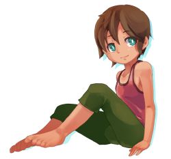 Rule 34 | 0515839, 1boy, barefoot, brown hair, child, feet, grey eyes, looking at viewer, male focus, original, pants, shirt, short hair, simple background, sitting, sleeveless, sleeveless shirt, solo, tan, toes, white background