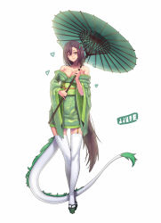 Rule 34 | 1girl, artist name, bad id, bad pixiv id, bare shoulders, breasts, brown hair, cleavage, collarbone, dragon girl, dragon horns, dragon print, dragon tail, garter straps, green eyes, heart, horns, japanese clothes, jjune, kimono, large breasts, long hair, obi, oil-paper umbrella, original, sash, simple background, solo, tail, thighhighs, umbrella, very long hair, white thighhighs, wide sleeves, zettai ryouiki
