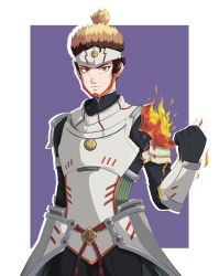 Rule 34 | 1boy, absurdres, arm guards, armor, brown eyes, clenched hand, emblem, ememtrp, fire, highres, multicolored hair, purple background, shoulder armor, sideburns, simple background, solo, topknot, xenoblade chronicles (series), xenoblade chronicles 3