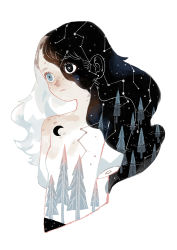 Rule 34 | 1girl, no arms, black hair, breasts, closed mouth, constellation, crescent, forest, freckles, heterochromia, long hair, looking to the side, multicolored hair, nature, neetiska, no arms, original, small breasts, surreal, torso, tree print, two-tone hair, wavy hair, white background, white hair