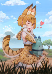 Rule 34 | 10s, 1girl, ;d, absurdres, animal ears, blonde hair, blue sky, blurry, blurry foreground, bow, bowtie, cloud, day, elbow gloves, gloves, hands on own cheeks, hands on own face, hands up, heart, highres, kemono friends, looking at viewer, lucky beast (kemono friends), one eye closed, open mouth, outdoors, serval (kemono friends), serval print, serval tail, short hair, sitting, skirt, sky, sleeveless, smile, solo, tail, tree, wariza, xue qi ye (dndtmbdue)