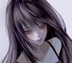 Rule 34 | 1girl, black hair, closed mouth, expressionless, eyelashes, grey background, hair between eyes, highres, limi sove, long hair, looking at viewer, original, pale skin, portrait, purple eyes, sidelocks, simple background, solo