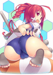 Rule 34 | 10s, 1girl, ass, cameltoe, cleft of venus, fat mons, feet, highres, i-168 (kancolle), kantai collection, mikan (bananoha), open mouth, personification, red eyes, red hair, sandals, school swimsuit, school uniform, serafuku, solo, swimsuit, swimsuit under clothes, toes