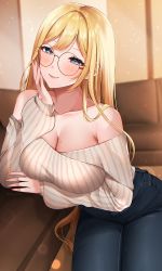 Rule 34 | 1girl, absurdres, bare shoulders, blonde hair, blue eyes, blush, breasts, cleavage, collarbone, denim, hair ornament, highres, hololive, hololive english, jeans, large breasts, long hair, long sleeves, looking at viewer, off-shoulder sweater, off shoulder, pants, red lips, ribbed sweater, round eyewear, smile, solo, sosuke (yrmon), sweater, very long hair, virtual youtuber, watson amelia