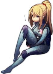 Rule 34 | ..., 1girl, bad id, bad twitter id, blonde hair, blue eyes, bodysuit, breasts, full body, htm (gixig), hugging own legs, inactive account, large breasts, leg up, long hair, metroid, nintendo, own hands together, ponytail, samus aran, simple background, solo, swept bangs, white background, zero suit