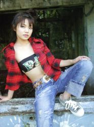 Rule 34 | 1girl, arm support, asian, belt, clothes writing, converse, denim, hasebe yu, jeans, long hair, looking at viewer, nail polish, no bra, open clothes, open shirt, outdoors, pants, photo (medium), plaid, shirt, shoes, sneakers, solo, strapless, torn clothes, tube top