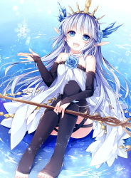 Rule 34 | 10s, 1girl, bare shoulders, black thighhighs, blue eyes, bridal gauntlets, crown, dress, feet, flower, granblue fantasy, hair flower, hair ornament, lily (granblue fantasy), long hair, looking at viewer, mochizuki shiina, open mouth, pointy ears, polearm, silver hair, sleeveless, sleeveless dress, smile, solo, thighhighs, toeless legwear, toes, very long hair, weapon, white dress