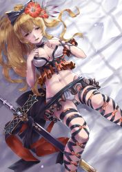 Rule 34 | 10s, 1girl, blonde hair, blush, boots, bow, breasts, cleavage, cross-laced footwear, granblue fantasy, hair bow, highres, lace-up boots, large breasts, long hair, looking at viewer, lying, midriff, on back, open mouth, ponytail, red eyes, revision, rin2008, smile, solo, swimsuit, sword, vira (granblue fantasy), weapon