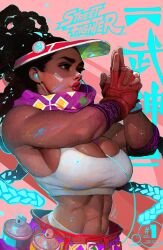 Rule 34 | 1girl, abs, bandaid, bandaid on face, bandaid on nose, black hair, breasts, brown eyes, cable, cleavage, dark-skinned female, dark skin, highres, kimberly jackson, kuji-in, large breasts, long hair, muscular, muscular female, official art, solo, street fighter, udon entertainment