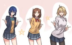 Rule 34 | 3girls, ahoge, antenna hair, arcueid brunestud, back alley alliance, bad id, bad pixiv id, black legwear, blonde hair, blue eyes, blue hair, blue jacket, blue skirt, blush, bow, bowtie, breasts, brown eyes, brown hair, ciel (tsukihime), closed mouth, collared shirt, commentary request, glasses, green bow, green neckwear, hair between eyes, highres, index finger raised, jacket, jewelry, knt02142769, long hair, long sleeves, looking at viewer, medium breasts, miniskirt, multiple girls, necklace, one eye closed, open clothes, open jacket, open mouth, pantyhose, parted bangs, parted lips, pleated skirt, pocket, red bow, red eyes, red neckwear, school uniform, shirt, short hair, signature, skirt, smile, sweater, tsukihime, tsukihime (remake), turtleneck, turtleneck sweater, two side up, vampire, vest, white shirt, white sweater, yellow vest, yumizuka satsuki
