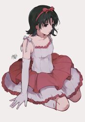 Rule 34 | 1girl, absurdres, bare shoulders, black hair, brown eyes, dress, elbow gloves, frilled dress, frills, gloves, grey background, hair ribbon, hairband, highres, idol, kirigoe mima, looking at viewer, perfect blue, red hairband, ribbon, short hair, signature, simple background, sitting, solo, spaghetti strap, thighhighs, toukashi (2tou9), wariza, white gloves
