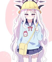 Rule 34 | 1girl, absurdres, alternate costume, bag, blue archive, blue shirt, blush, commentary request, demon girl, demon horns, hair ornament, hairclip, halo, hat, highres, hina (blue archive), horns, i-tsd, kindergarten, kindergarten bag, kindergarten uniform, long hair, long sleeves, looking at viewer, multiple horns, outline, parted bangs, pleated skirt, purple eyes, school hat, school uniform, shirt, sidelocks, simple background, skirt, solo, tulip hat, very long hair, wavy hair, white hair, white outline, yellow hat