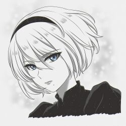 Rule 34 | 1girl, blue eyes, commentary, cropped shoulders, expressionless, greyscale, hairband, highres, mole, mole under mouth, monochrome, nier:automata, nier (series), portrait, shirl geem, signature, solo, spot color, 2b (nier:automata)