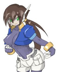 Rule 34 | 1girl, aile (mega man zx), alternate breast size, bent over, bodystocking, bracelet, breasts, brown hair, capcom, clenched hand, covered erect nipples, cropped jacket, green eyes, highres, inti creates, jacket, jewelry, large breasts, long hair, mega man (series), mega man zx, mega man zx advent, ponytail, puffy short sleeves, puffy sleeves, short sleeves, shorts, uranium 777